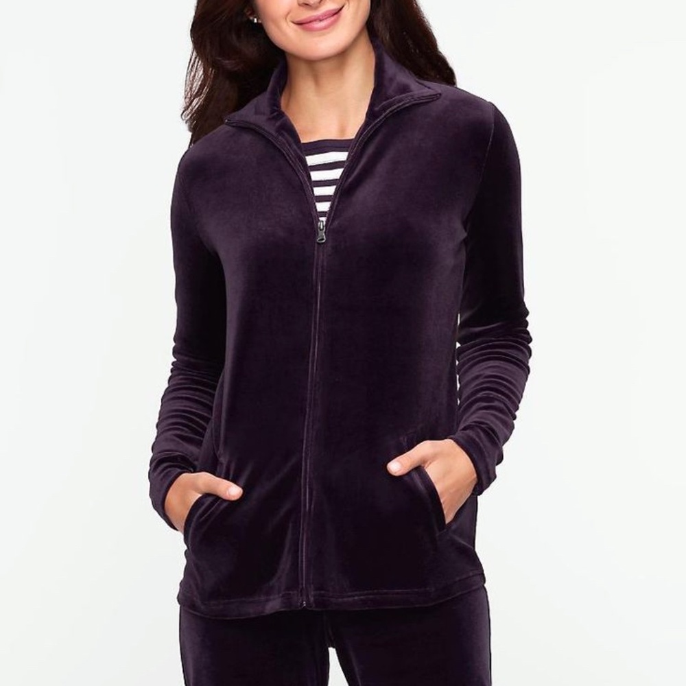 NWT Navy Velour Jacket Talbots Size MP Zip Front Pockets Stretch Velvet Indigo